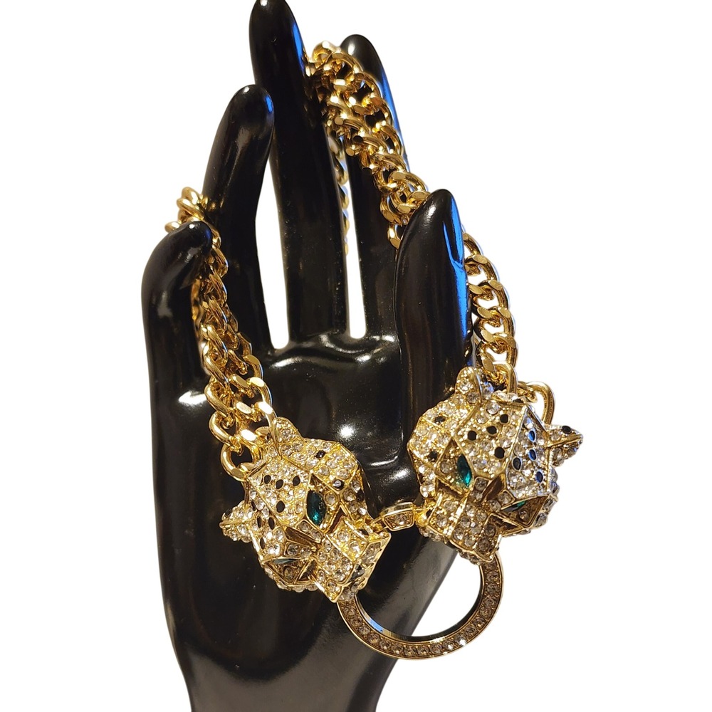 Gold Tone Rhinestone Double Panther Head Statement Collar Necklace 18 Inch